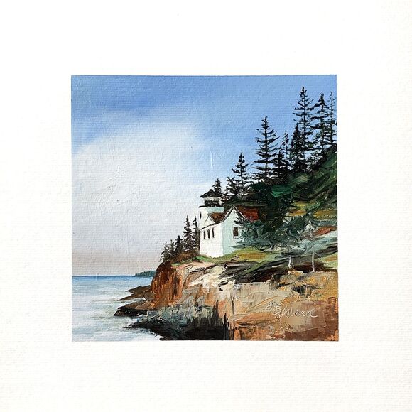 8x8 Maine Original Oil Painting Bass Harbor Lighthouse Seascape Pine Tree Signed
